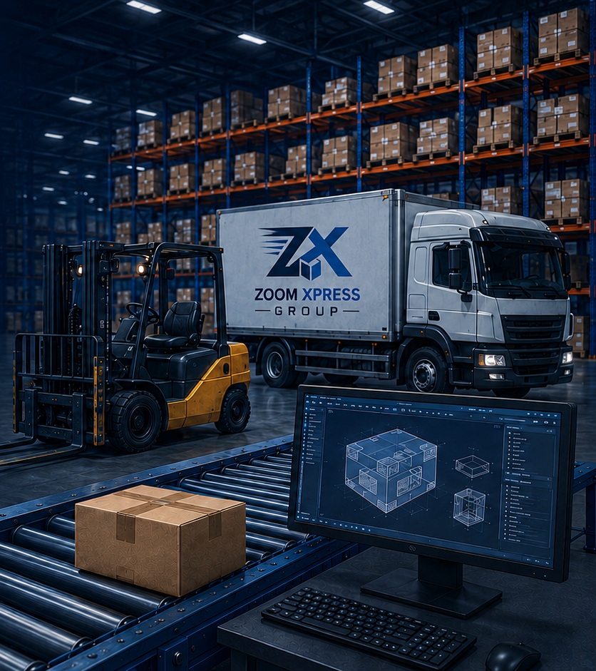 Warehouse racks, box truck, forklift, packaging box and CAD computer